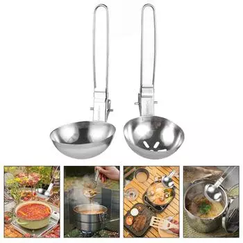 2Pcs Stainless Steel Skimmer Slotted Spoon and Soup Ladle Long Handle Serving Utensil Collapsible Camping Cutlery
