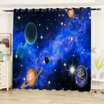 2pcs Starry Sky Pattern Curtains Grommet Top Decorative Window Drape Window Treatments For Bedroom Living Room Home Decor Milled cotton fabric&Grommet Top