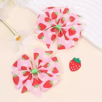 2Pcs Strawberry Ribbon Hair Clips Pink Sweet Flower Print Hairpin Trendy Barrette For Girls Children Kids Headdress Accessories