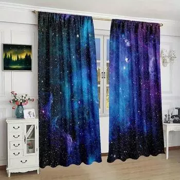 2pcs Stunning Purple Galaxy Curtains - Rod Pocket Outer Space Universe Starry Sky Star Printed Window Drapes for Living Room 2x50W160H(CM)40x63in&Hook