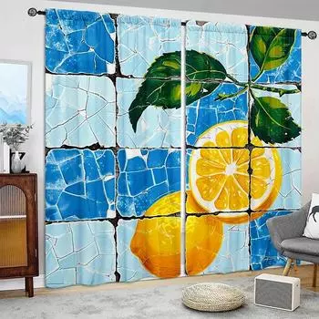 2pcs Summer Lemon Printed Curtain for Home Decor - Rod Pocket Window Treatment for Bedroom, Office,Kitchen,Living Room,and Study 52.5cmX116cmX2pcs