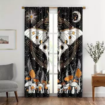 2pcs Sun and Moon Window Curtains for Teens Adult,Yellow Mushroom Curtains,Luna Moth Moon Phases Astrology Window Drapes Bedroom 210x230cm