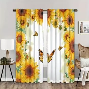 2pcs Sunflower Butterfly Print Curtains, Polyester Light Filtering Curtains, Rod Pocket Processing Suitable For Living Room Bedr 50W160H(CM)x2Panel&Hook