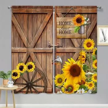 2pcs Sunflower Print Curtain - Rod Pocket Window Treatment for Home Decor, Bedroom, Office, Kitchen, Living Room, Study W65X60H(cm)X2Pcs&Hook