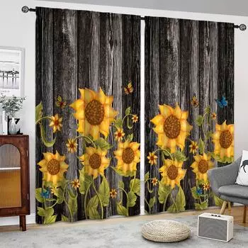 2PCS Sunflower Printed Curtains - Various Suspension Designs Window Treatments for Bedroom, Office, Kitchen, Living Room Decor W50xH130(CM)x2pcs&Hook