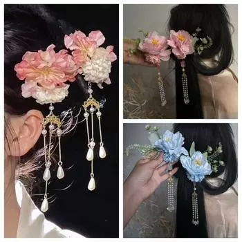 2PCS Tassel Flower Hairpin Handmade Hanfu Hairpin Vintage Floral Hair Clip Hair Accessories Style1-Pink