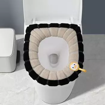 2Pcs Thicker Washable Toilet Seat Cover Pads Warmer Cloth with Handle Design Patchwork чёрный/жёлтый