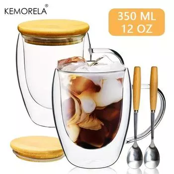 2PCS Transparent Double Layer Glass Cup With Wooden Cover Spoon Household Coffee Mug 350/450ML Coffee Cappuccino Espresso Cup 301-400ml