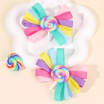 2Pcs Trendy Lollipop Hair Clip Sweet Rainbow Candy Ribbon Hairpin Cute Popular Bow Barrette For Girls Kids Headdress Accessories