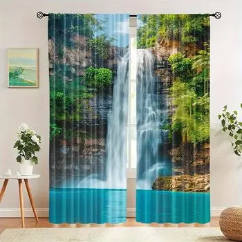 2Pcs Tropical Jungle Waterfall Semi-Blackout Curtains Rod Pocket Thermal Insulated Room for Bedroom Living Room Machine Washable (W50cmxH130cm)x2&Rod Pocket