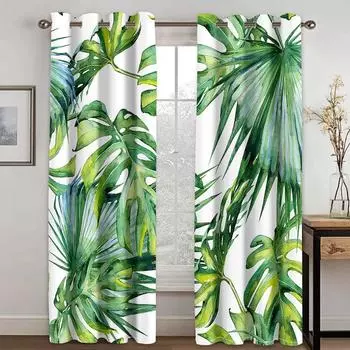 2pcs Tropical Leaf Curtain Green And White Plant Palm Summer Hawaiian Watercolor Plant Banana Tree Natural Print Curtain Bedroom (50Wx50H)x2(CM)&Hook