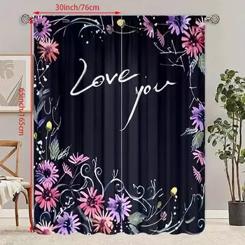2pcs- Valentine s Day I Love You printed curtain - Polyester material - suitable for bedroom, living room, study, private space 30Wx65L(76x165CM)x2