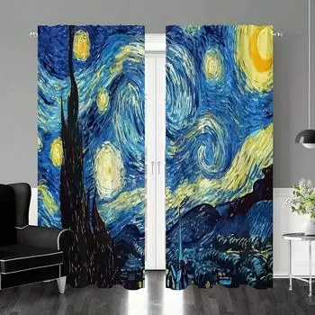 2pcs Van Gogh Starry Sky OilPainting Print Curtains Rod Pocket Curtain For Living Room Bedroom Office Kitchen Study Home Decor 2x50W100H(CM)&Grommet Top