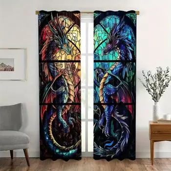 2pcs Vibrant Jacquard Dragon Print Curtain Modern Theme Decorative 2 Panels Thin Curtains For Bedroom Living Room 50W160H(CM)x2Panel&Hook