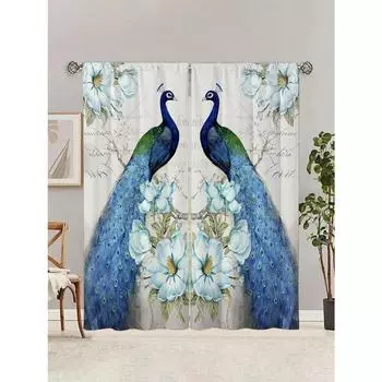 2pcs Vintage Blue Golden Peacock Animal Print Window Curtains,Refer To Bedroom Office Kitchen Living Room Study Home Decor W50xH130(CM)x2pcs&Hook