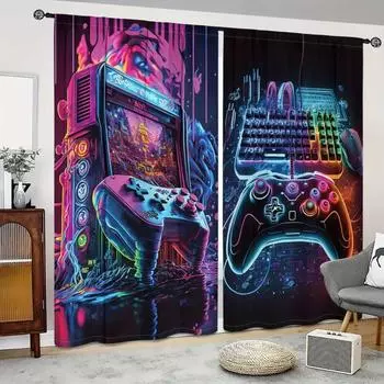 2PCS Vintage Gaming Controller Print Curtain for Living Room Vibrant Privacy Window Drapes Set With Decorative Window Treatments 2x50W130H(CM)40x51in&Hook