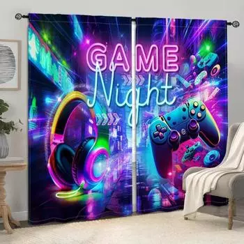 2PCS VR Neon Style Game Night Print Curtain E-sports Headphones Gamepad Print Curtain Rod Pocket 3D E-sports Style Decoration Pr 2x50W130H(CM)40x51in&Hook