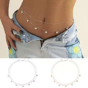 2шт поясные цепочки двухслойные бабочки женские богемные кисточки цепочки для тела для вечеринки золотистый