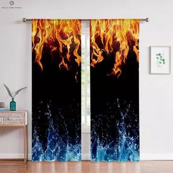 2pcs Water Flame Two Pole 3D Printing Curtain Polyester Fiber Machine Washable Bedroom Living Room Kitchen Decorative Curtain W50xH130(CM)x2PCS&Rod pocket