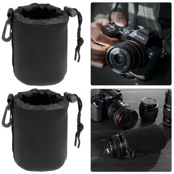 2Pcs Waterproof Soft Neoprene Camera Lens Pouch Drawstring Protector Case (M)