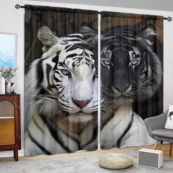 2pcs White Tiger Black Tiger Style Printed Curtain for Home Decor - Rod Pocket Window Treatment for Bedroom, Office and Kitchen 52.5cmX116cmX2pcs