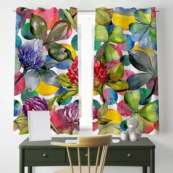 2pcs Wildflower Clover Pattern Printed Curtains In Watercolor Style Rod Pocket Curtain For Living Room Bedroom Home Decoration (50Wx50H)x2(CM)&Rod Pocket