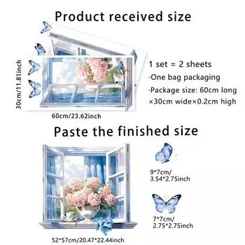 2Pcs Window View Painting Wall Decals Glasses-Free 3D Wall Decor Peel And Stick Wall Stickers For Living Room Bathroom