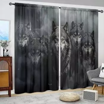 2pcs Wolves Style Printed Curtain For Home Decor Rod Pocket Window Treatment For Bedroom, Office, Kitchen, Living Room, And Stud 50W160H(CM)x2Panel&Hook