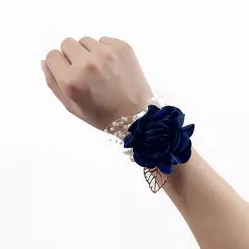 2Pcs Women s Hand Flower Artificial Flowers Wedding Girl s Wrist Corsage Bracelets Bridesmaid Pearl Bracelet for Wedding Party Prom Homecoming Corsage синий