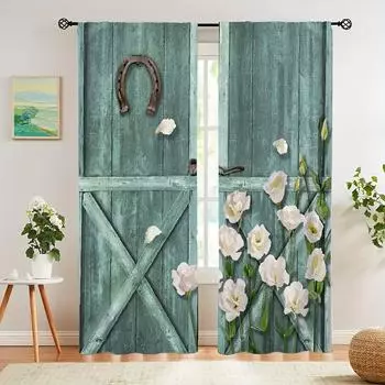 2pcs Wood Door Pattern Curtain Decorative Window Drapes Window Treatments For Bedroom Living Room Home Decoration Room Decoratio Small(W50H50cm)-2&Rod Pocket