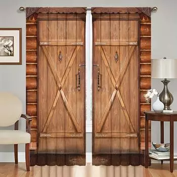 2pcs Wooden Door Pattern Curtains Decorative Window Drapes Window Treatments For Bedroom Living Room Home Decoration Room Decora 100W130H(CM)40x51in&Grommet Top