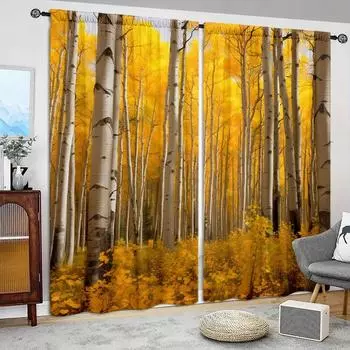 2 шт. Штора с принтом Желтая береза для декора дома - Шторная лента (кулиска) для оконного оформления спальни, офиса, кухни, гостиной и кабинета 52.5cmX116cmX2pcs