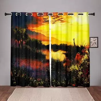 2PiecesNature Landscape Sunset Sea Blackout Window Curtains for Bedroom Living Room Bathroom Kicthen Door Hall High Shading New W55 X H120cm X 2&HOOK