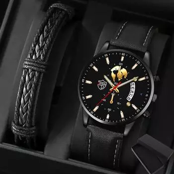 2PSC набор модные кварцевые кожаные мужские часы повседневные деловые мужские часы с датой и браслетом для мужчин подарок