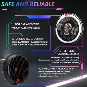 2шт 7-дюймовые круглые светодиодные фары с рисунком черепа, светодиодные фары с сигналом поворота дальнего и ближнего света DRL и 1 Piece чёрный