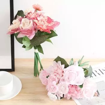 2шт. Букет из искусственных роз, шелковые розы, искусственные цветы, искусственные розы для дома, свадебной вечеринки, праздничного декора - искусственные розы и гортензия розовый