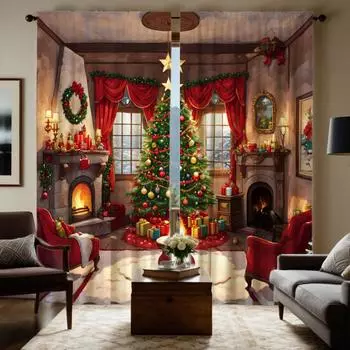 2шт HD цифровой красный цвет Рождественская елка праздничные шторы украшение дома стиль украшения гостиной спальни через ро W52H63inchW132H160cm