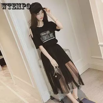 2шт. Юбочный костюм. Летнее платье. Футболка с короткими рукавами. Женская свободная длинная сетчатая юбка. M