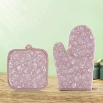 2шт / комплект духовки Варежка Подвесное кольцо Противоскользящее сращивание Мода Изолированная печать Кухня Для выпечки Перчатка для столовой розовый