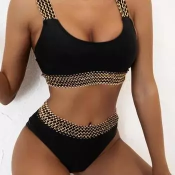 2шт/комплект женщин бикини сплошной цвет лоскутное сухой сексуальный быстрый плечо купальники для пляжа L чёрный