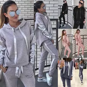 2шт / комплект женщин сплошной цвет с капюшоном толстовка и брюки спортивный костюм спортивный костюм