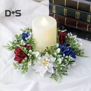 2шт патриотический искусственный венок кольцо для свечи День независимости столб подсвечник красный белый синий цветочная гирлянда 4 июля центральное украшение A