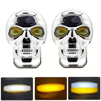 2шт противотуманные фары для вождения мотоцикла светодиодные фонари для бара в форме черепа прожектор вспомогательный свет серебряный