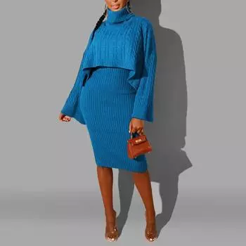 2шт сексуальные женщины сплошной цвет с длинным рукавом пуловер с высоким воротником свитер жилет платье S темно-серого