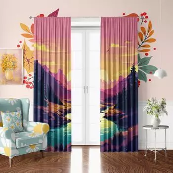 2шт - Шторы с пейзажным принтом - Материал полиэстер - подходит для спальни, гостиной, кабинета, личного пространства 42X63inch