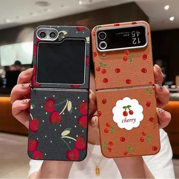2шт складной чехол с рисунком вишни для Samsung Galaxy Z Flip6 Flip5 Flip4 Flip3 ударопрочный чехол из ТПУ с текстурой из кожи тонкий чехол Samsung Z Flip6 чёрный