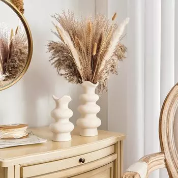 2шт современные декоративные белые керамические вазы для домашнего декора, абстрактная минималистская ваза для пампасной травы, ваза для цветов в стиле бохо, эстетическая кремовая ваза