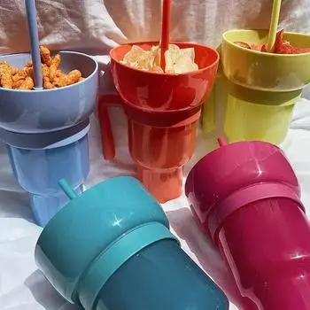 2в1 Миска для закусок, чашка для напитков с соломой, стакан для стадиона, бутылка для воды, соломенная, герметичная, портативная, для взрослых, для детей, для поездки в кино синий