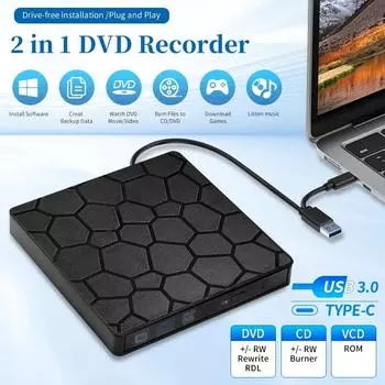 2в1 USB3.0 TypeC тонкий внешний DVD VCD CD Writer оптический привод Burner Reader плеер портативный для ноутбука ПК DVD Burner DVD чёрный