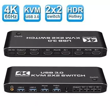 2x2 KVM-переключатель 4K 60 Гц, два монитора KVM, расширенный дисплей, USB KVM-переключатель 2 входа 2 выхода для 2 компьютеров, общий доступ к 2 мониторам чёрный